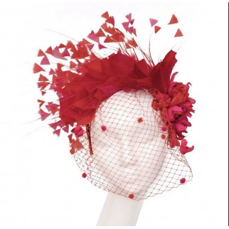 Feather headband with veil "Red rose"