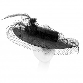 Wide-brimmed straw boater with a veil and vintage feathers