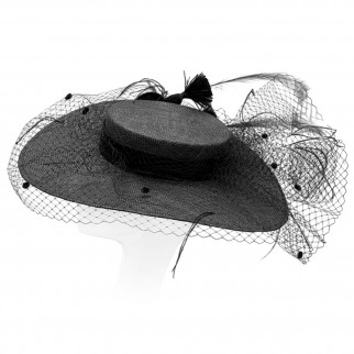 Wide-brimmed straw boater with a veil and vintage feathers