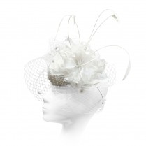 Velour pillbox hat with a feather flower and a veil