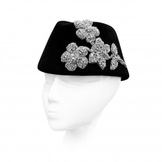 Velour side cap with couture embroidery