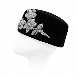 Velour side cap with couture embroidery