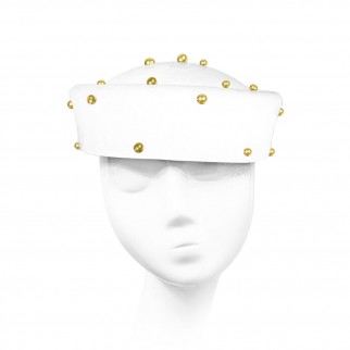 White velour pillbox hat with gold beads