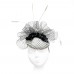 Polka-dot straw pillbox hat with a silk ruffle and feathers
