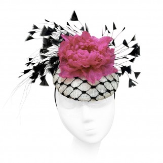 "Pink Flower" pillbox hat made of sinamay straw