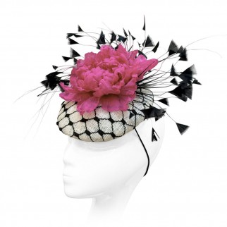 "Pink Flower" pillbox hat made of sinamay straw