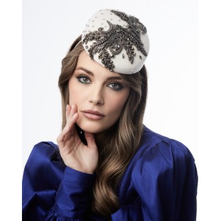 Pill-box hat with embroidery and stones