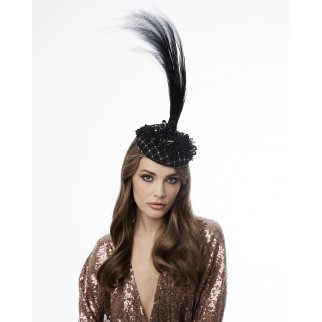 Pill-box hat with feathers and embroidery