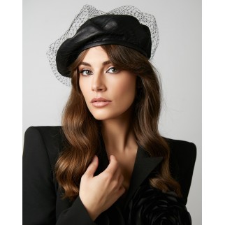 Leather beret with a veil