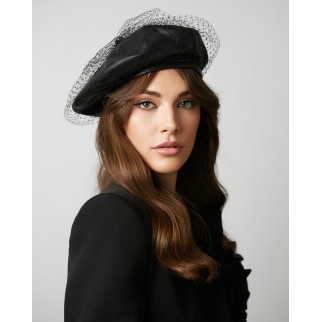 Leather beret with a veil