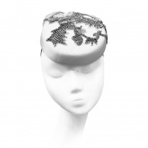 Pill-box hat with couture embroidery and bow